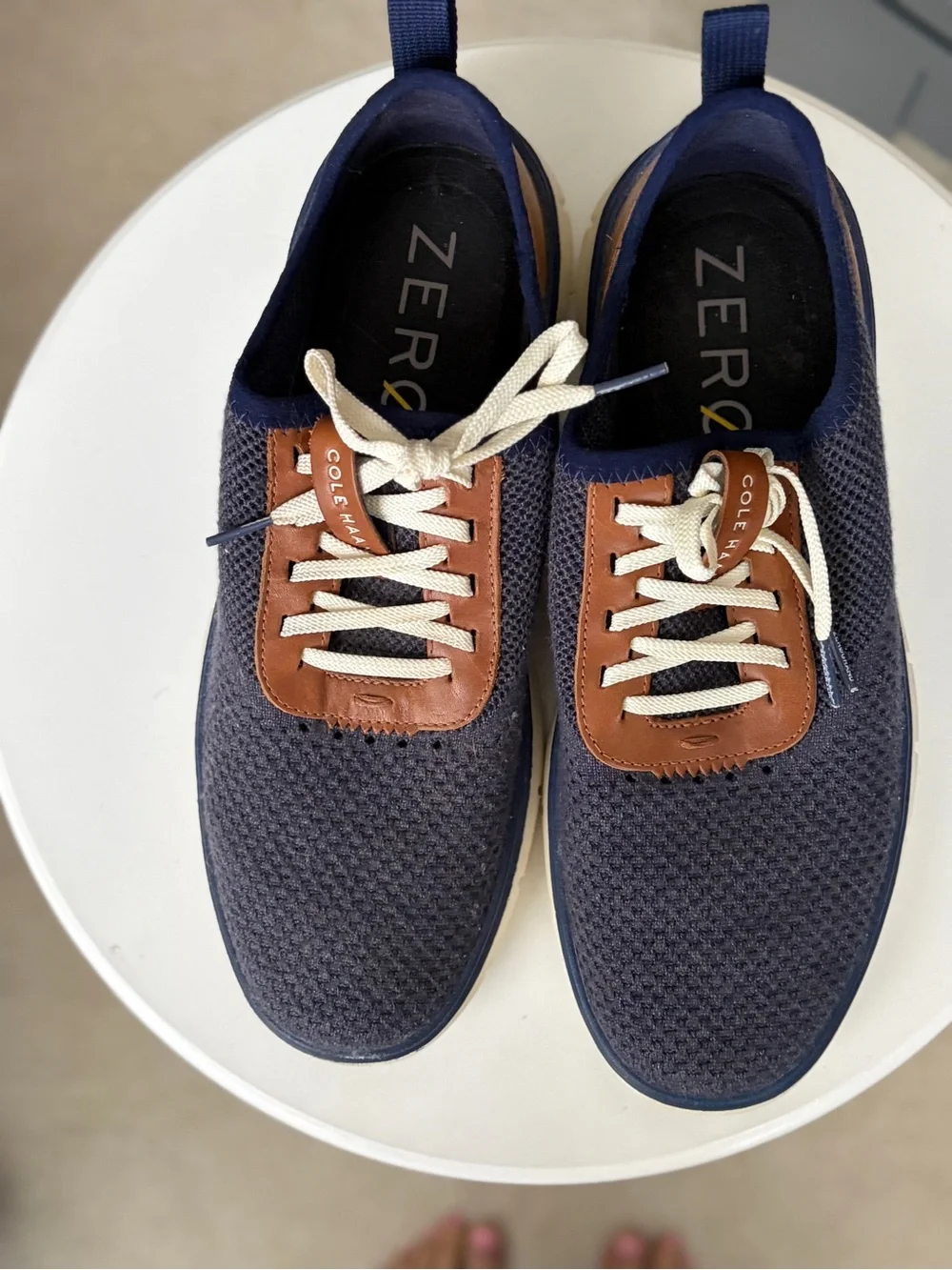 Cole Haan Navy Knit Sneakers with Brown Leather Accents